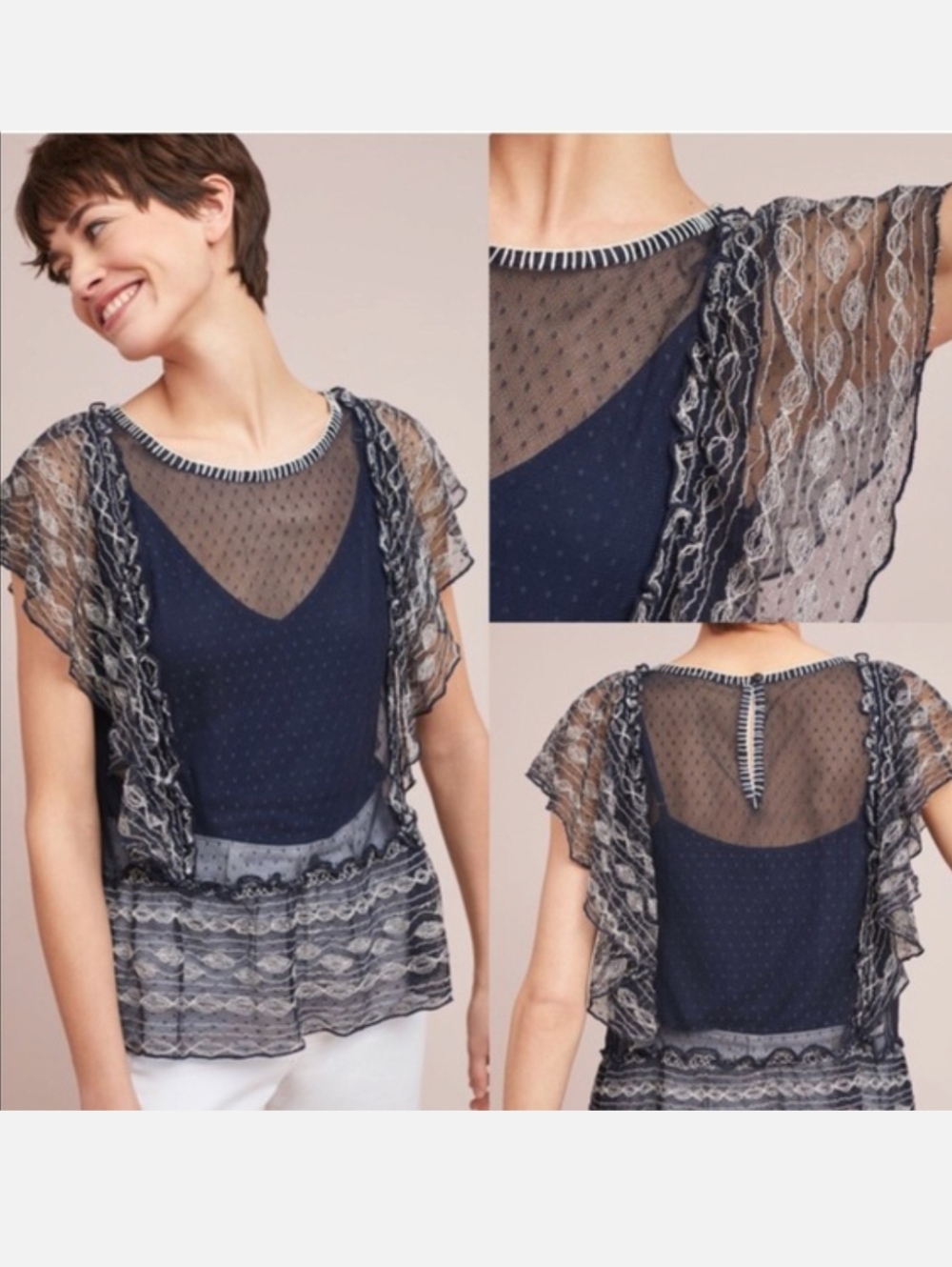 Anthropologie Meadow Rue Lace Polka Dot Sheer Blouse XL